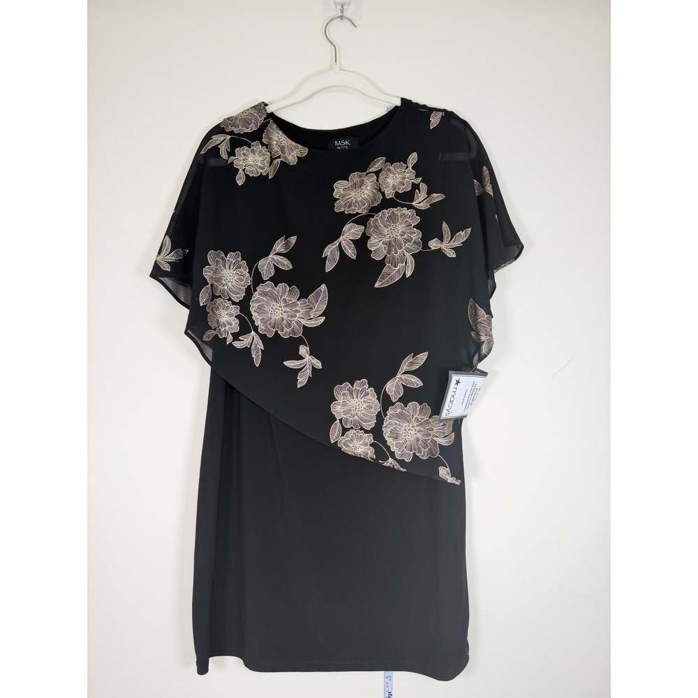 MSK Foil Cape Short Dress Women PL New Black Gold Floral Metallic Overlay